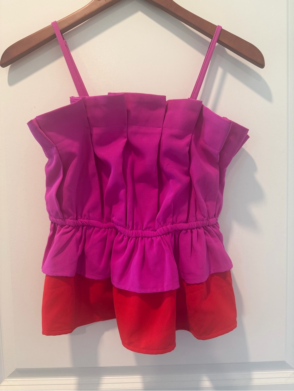 TCEC Color Block Tiered Ruffle Peplum Cami Top Pink Red Size Small